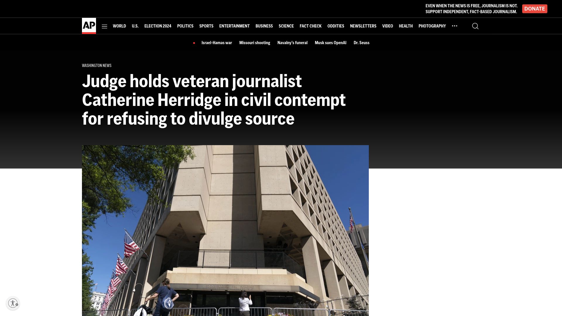 Screenshot of apnews.com: Judge holds journalist in civil contempt for refusing to divulge source