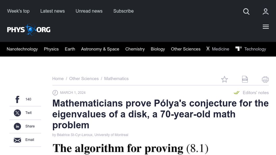 Screenshot of phys.org: Mathematicians prove Pólya's conjecture for the eigenvalues of a disk