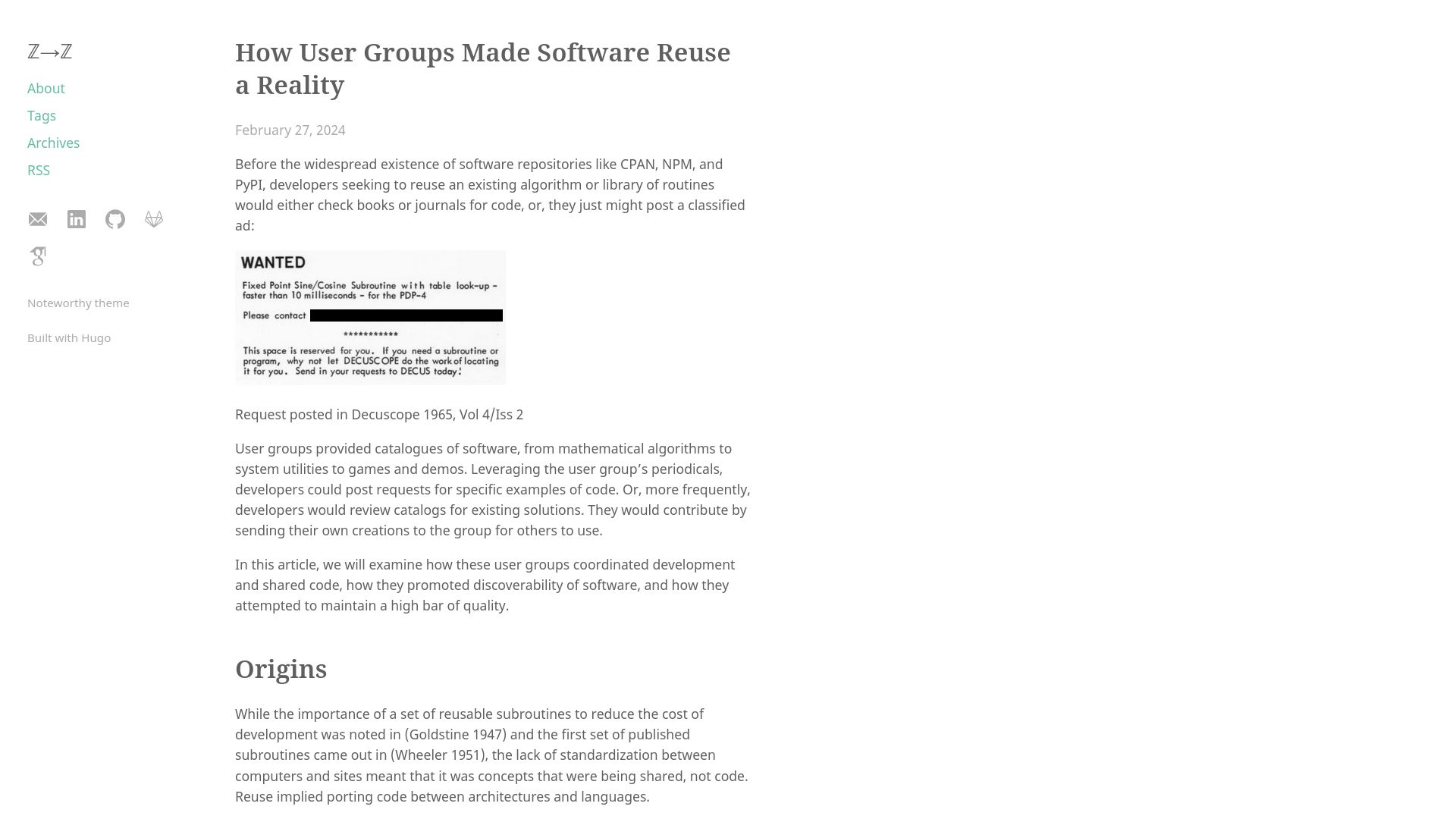 Screenshot of ztoz.blog: How user groups made software reuse a reality