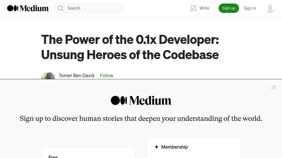 Screenshot of medium.com: The Power of the 0.1x Developer: Unsung Heroes of the Codebase