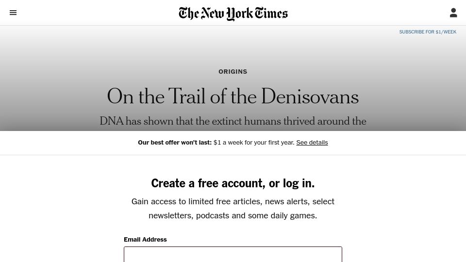 Screenshot of nytimes.com: On the trail of the Denisovans