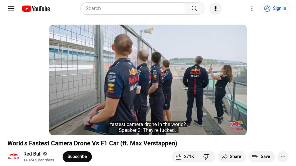 Screenshot of youtube.com: Fastest camera drone vs. F1 car (ft. Max Verstappen) [video]