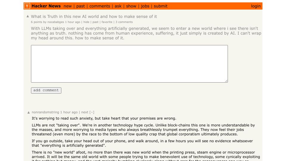 Screenshot of Hacker News post: What is Truth in this new AI world and how to make sense of it