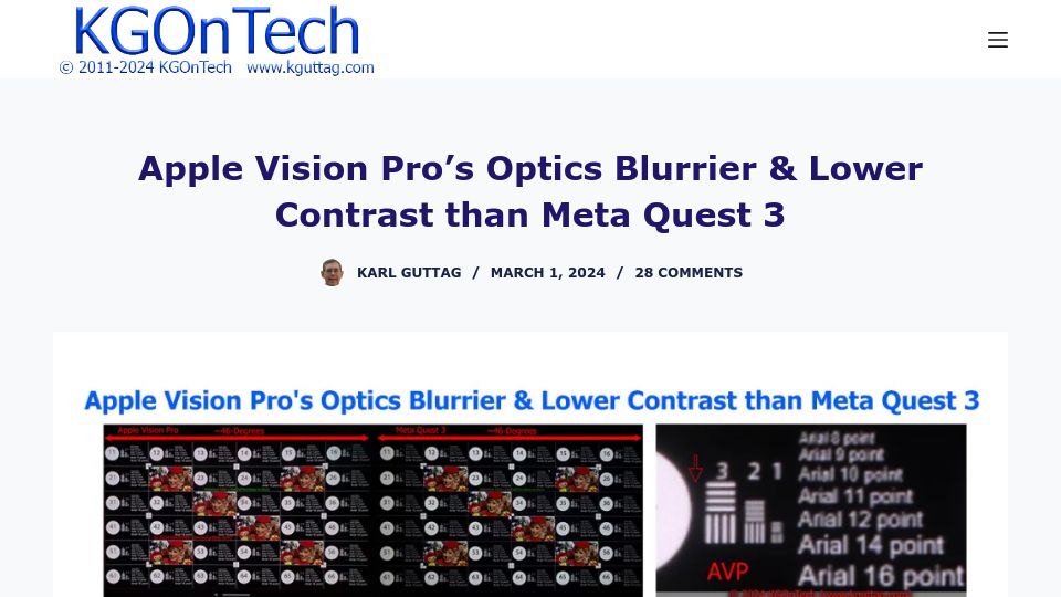 Screenshot of kguttag.com: Apple Vision Pro's Optics Blurrier and Lower Contrast Than Meta Quest 3