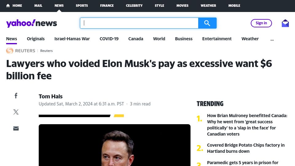 Screenshot of ca.news.yahoo.com: Lawyers who voided Elon Musk's pay as excessive want $6B fee