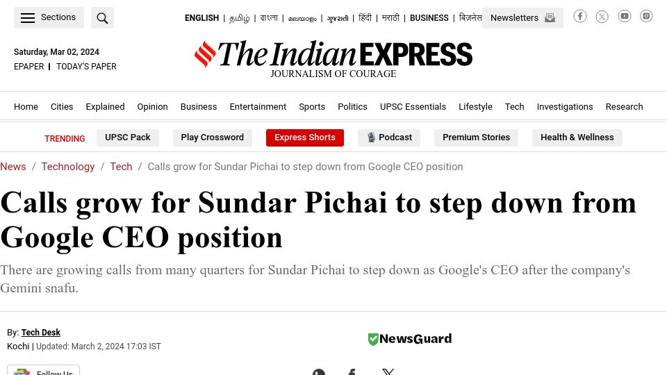 Screenshot of indianexpress.com: Calls grow for Sundar Pichai to step down from Google CEO position
