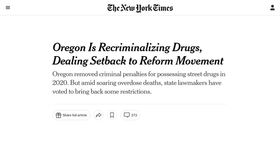 Screenshot of nytimes.com: Oregon Is Recriminalizing Drugs, Dealing Setback to Reform Movement