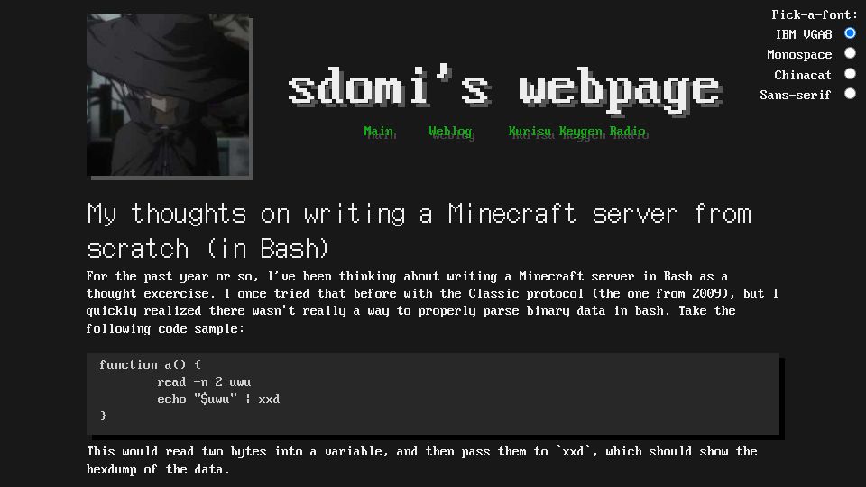Screenshot of sdomi.pl: Writing a Minecraft server from scratch in Bash (2022)