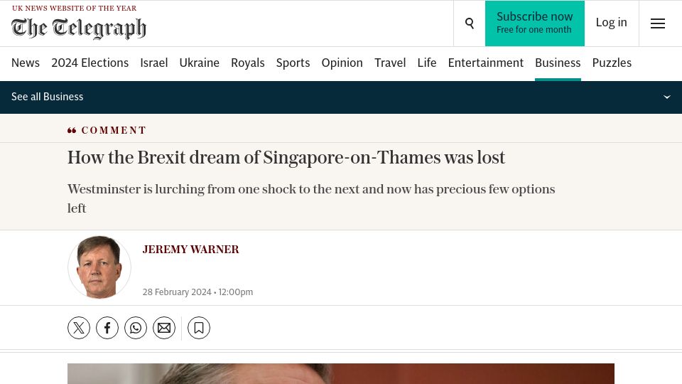 Screenshot of telegraph.co.uk: How the Brexit dream of Singapore-on-Thames was lost