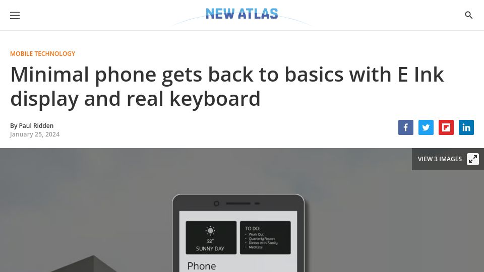Screenshot of newatlas.com: Minimal phone gets back to basics with E Ink display and real keyboard