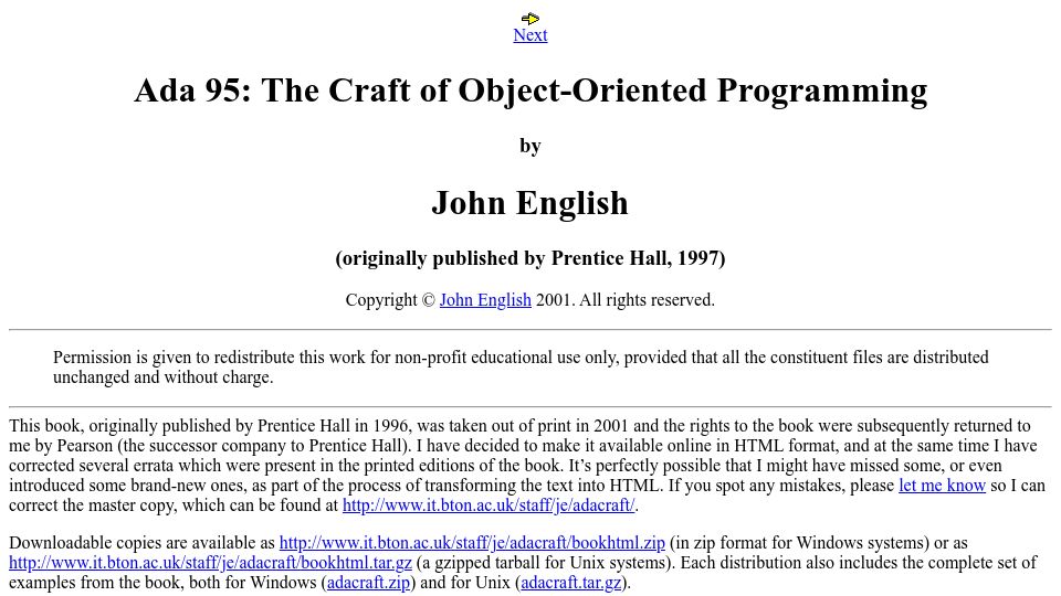 Screenshot of adaic.org: Ada 95: The Craft of Object-Oriented Programming
