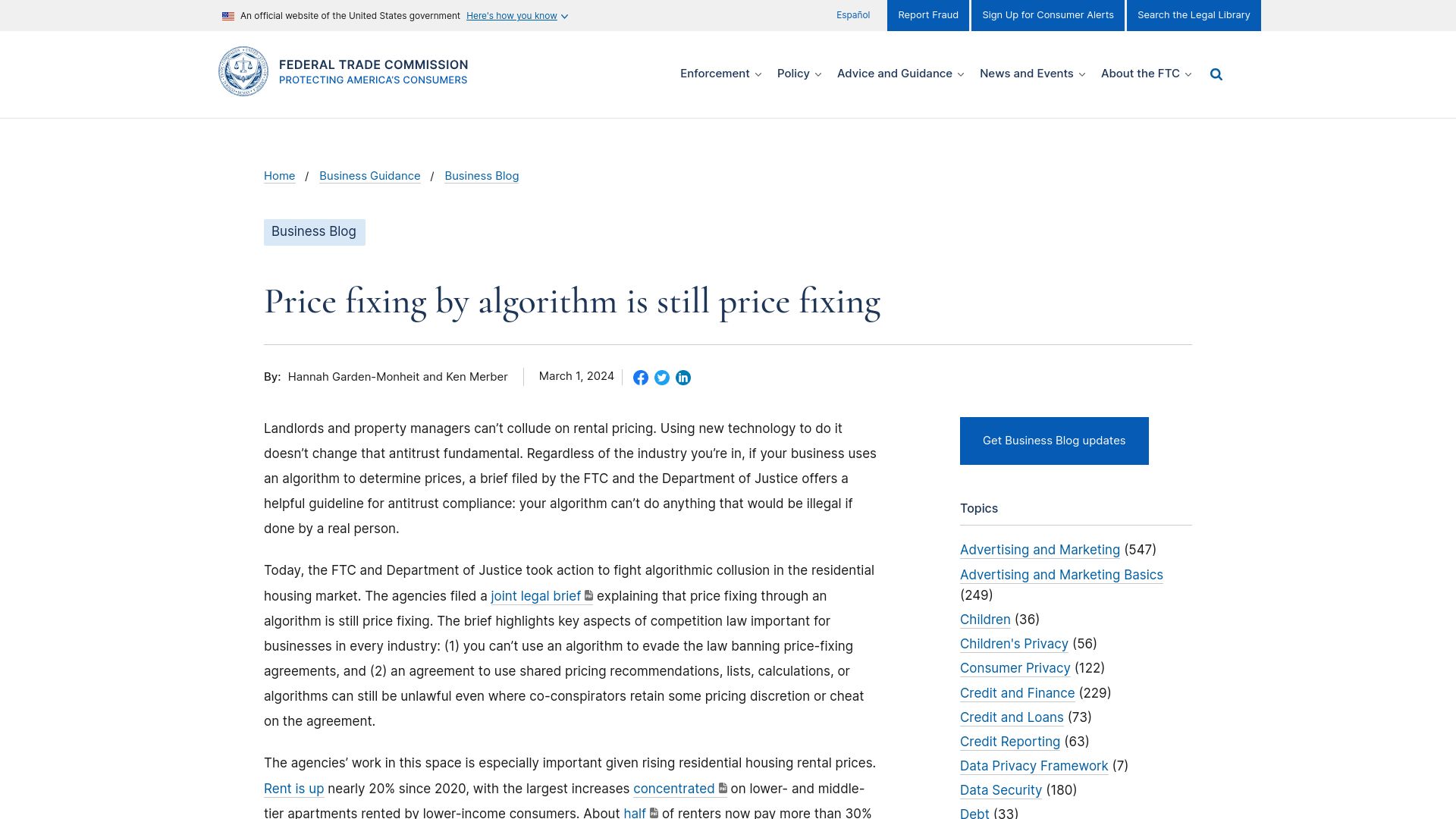 Screenshot of ftc.gov: Price fixing by algorithm is still price fixing
