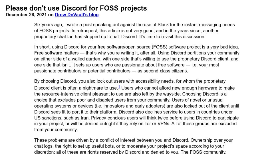 Screenshot of drewdevault.com: Don't Use Discord for FOSS (2021)