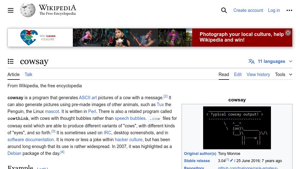 Screenshot of en.wikipedia.org: Cowsay