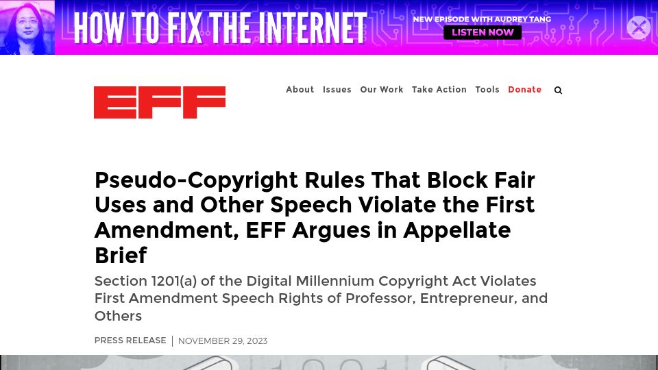 Screenshot of eff.org: EFF argues DMCA section 1201(a) violates First Amendment
