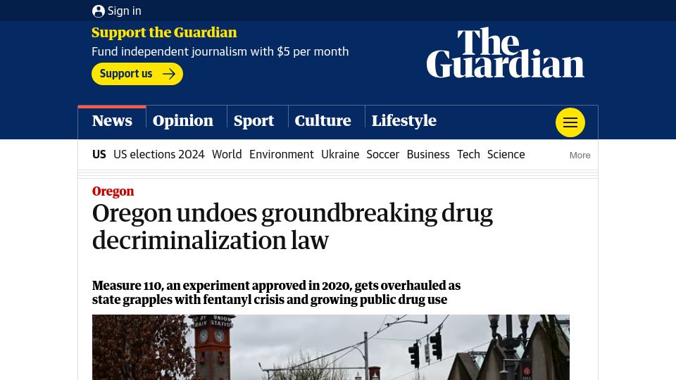 Screenshot of theguardian.com: Oregon undoes groundbreaking drug decriminalization law