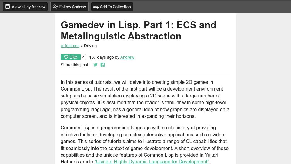 Screenshot of awkravchuk.itch.io: Gamedev in Lisp. Part 1: ECS and Metalinguistic Abstraction