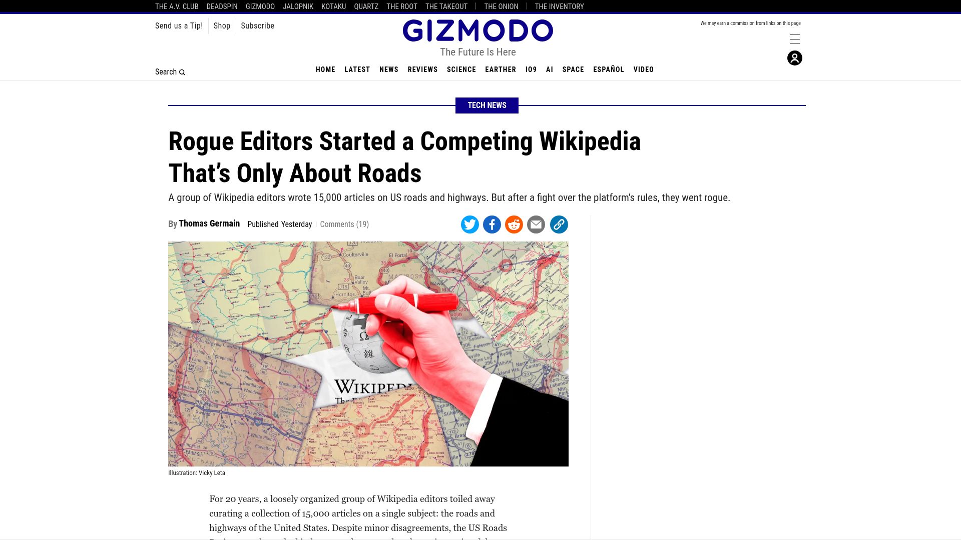 Screenshot of gizmodo.com: Rogue editors started a competing Wikipedia that's only about roads