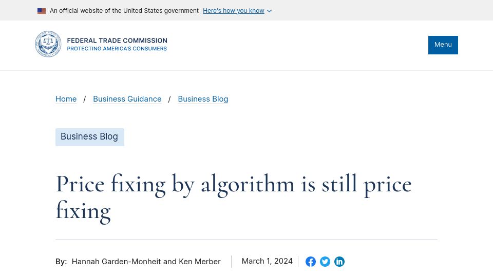 Screenshot of ftc.gov: Price fixing by algorithm is still price fixing