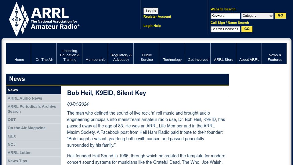 Screenshot of arrl.org: Bob Heil, K9EID, Silent Key