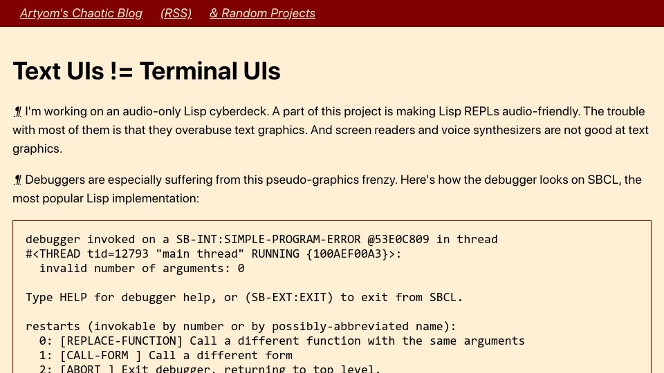 Screenshot of aartaka.me: Text UIs != Terminal UIs