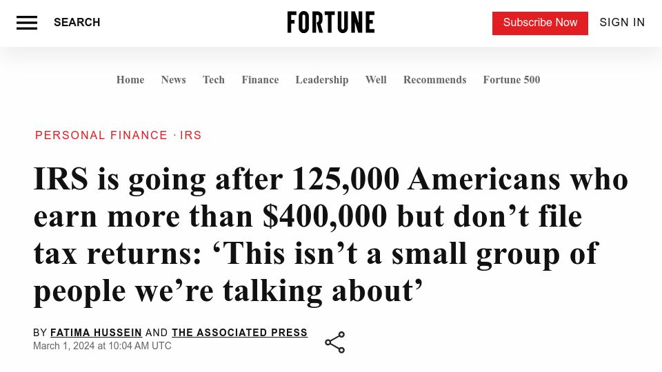 Screenshot of fortune.com: IRS is going after Americans who earn more $400k but don't file tax returns
