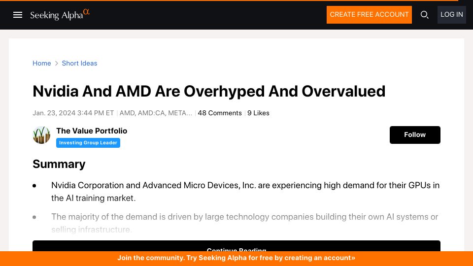Screenshot of seekingalpha.com: Nvidia and AMD Are Overhyped and Overvalued