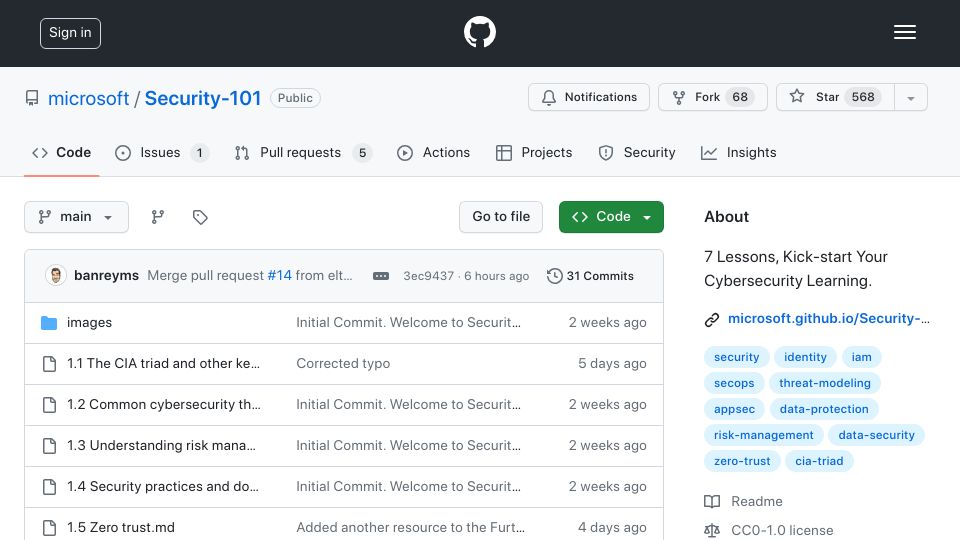 Screenshot of github.com: Microsoft Security-101: Open-Source curriculum