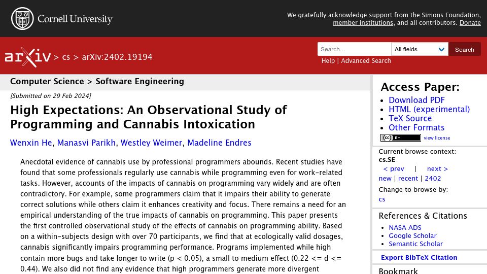 Screenshot of arxiv.org: High Expectations: Observational Study of Programming and Cannabis Intoxication
