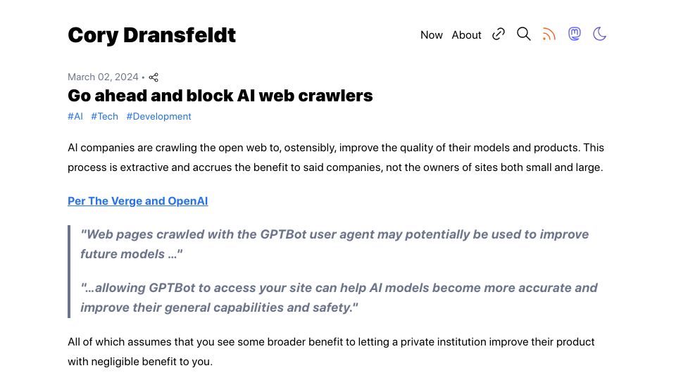 Screenshot of coryd.dev: Go ahead and block AI web crawlers