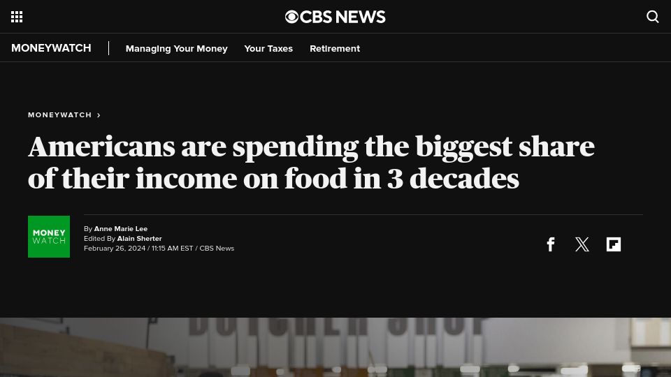 Screenshot of cbsnews.com: Americans are spending the biggest share of their income on food in 3 decades