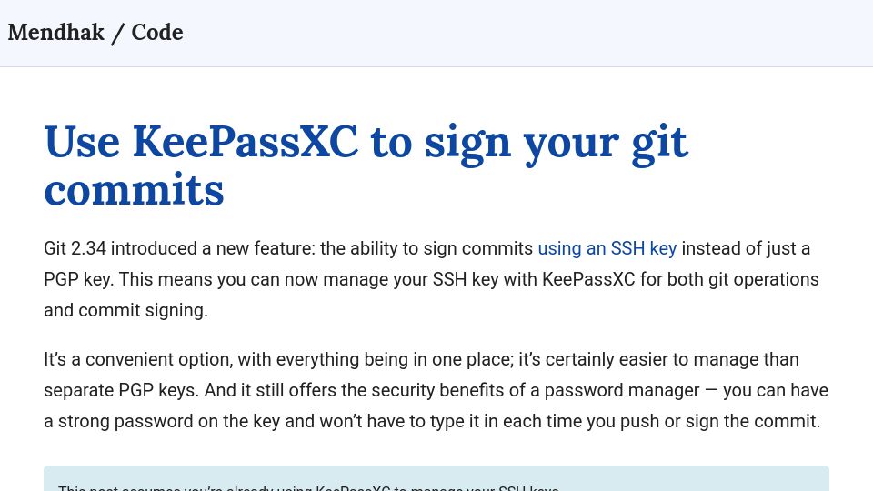 Screenshot of code.mendhak.com: Use KeePassXC to sign your Git commits