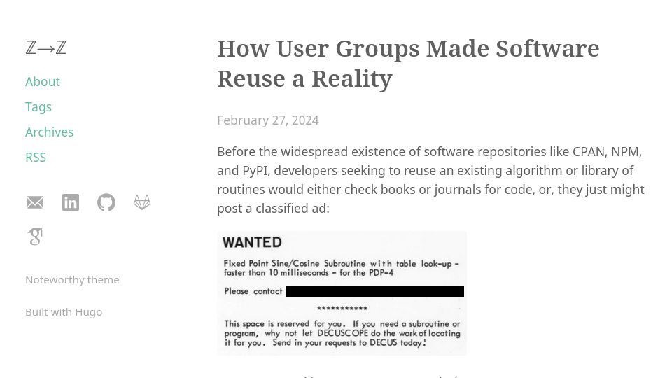 Screenshot of ztoz.blog: How user groups made software reuse a reality