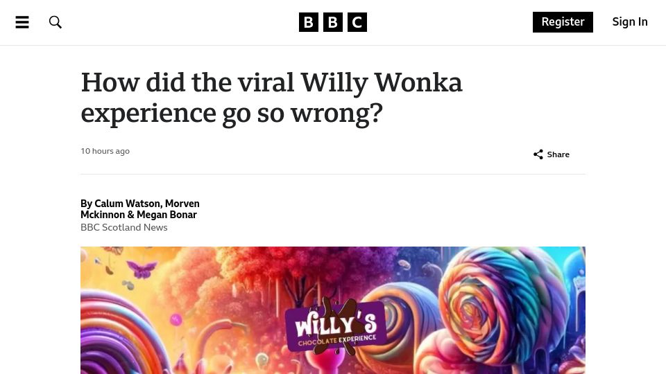 Screenshot of bbc.co.uk: How did the viral Willy Wonka experience go so wrong?