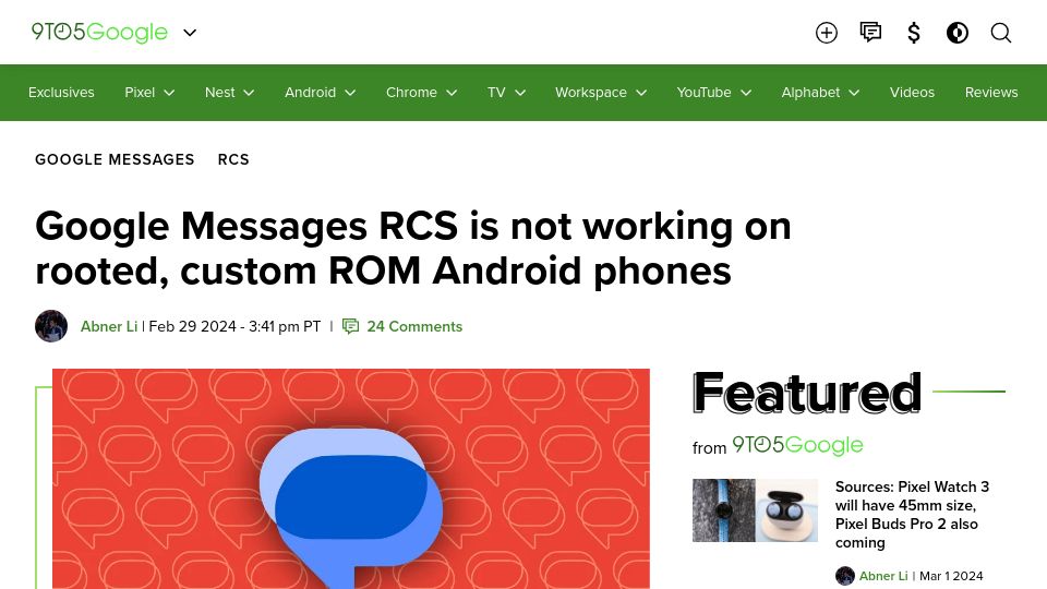 Screenshot of 9to5google.com: Google Messages RCS is blocked on rooted, custom ROM Android phones