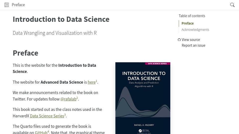 Screenshot of rafalab.dfci.harvard.edu: R: Introduction to Data Science (2019)