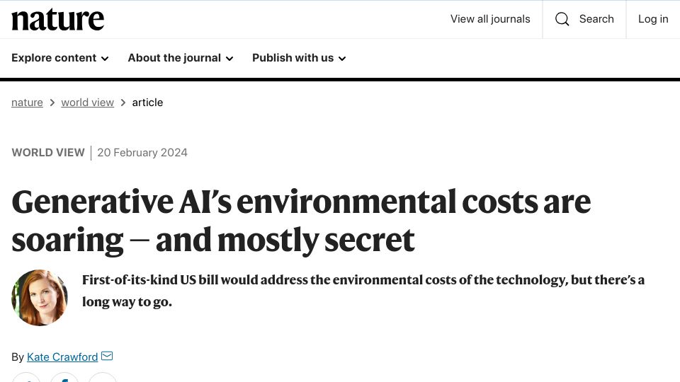 Screenshot of nature.com: Generative AI's environmental costs are soaring – and mostly secret