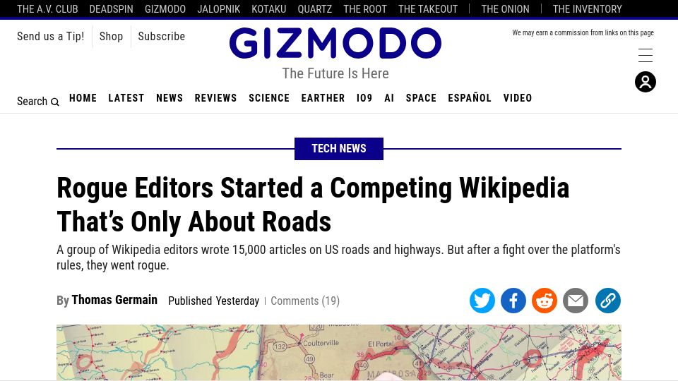 Screenshot of gizmodo.com: Rogue editors started a competing Wikipedia that's only about roads