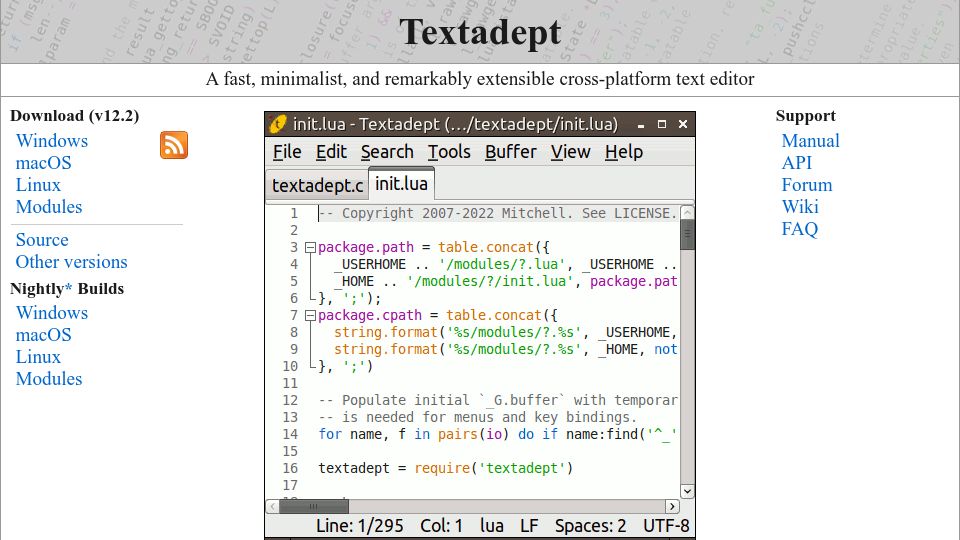 Screenshot of orbitalquark.github.io: TextAdept
