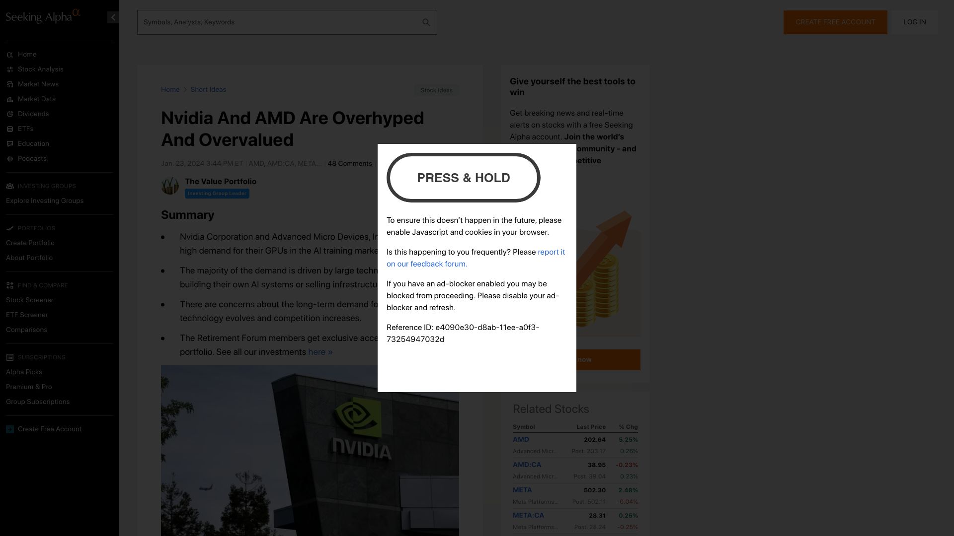 Screenshot of seekingalpha.com: Nvidia and AMD Are Overhyped and Overvalued