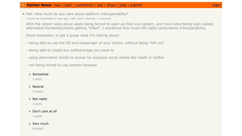Screenshot of Hacker News post: Poll: How much do you care about platform interoperability?