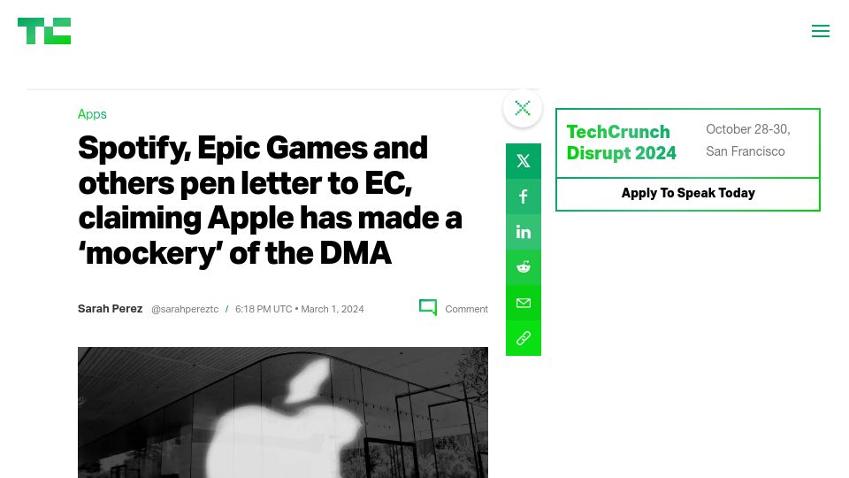 Screenshot of techcrunch.com: Spotify, Epic Games pen letter to EC, claiming Apple has made a 'mockery' of DMA