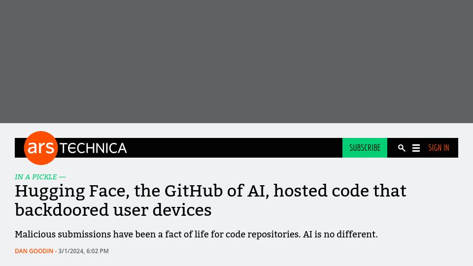 Screenshot of arstechnica.com: Hugging Face, the GitHub of AI, hosted code that backdoored user devices