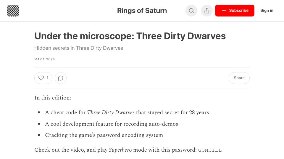 Screenshot of 32bits.substack.com: Under the Microscope: Three Dirty Dwarves