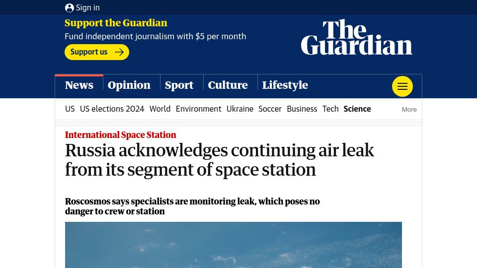 Screenshot of theguardian.com: Russia acknowledges continuing air leak from its segment of space station