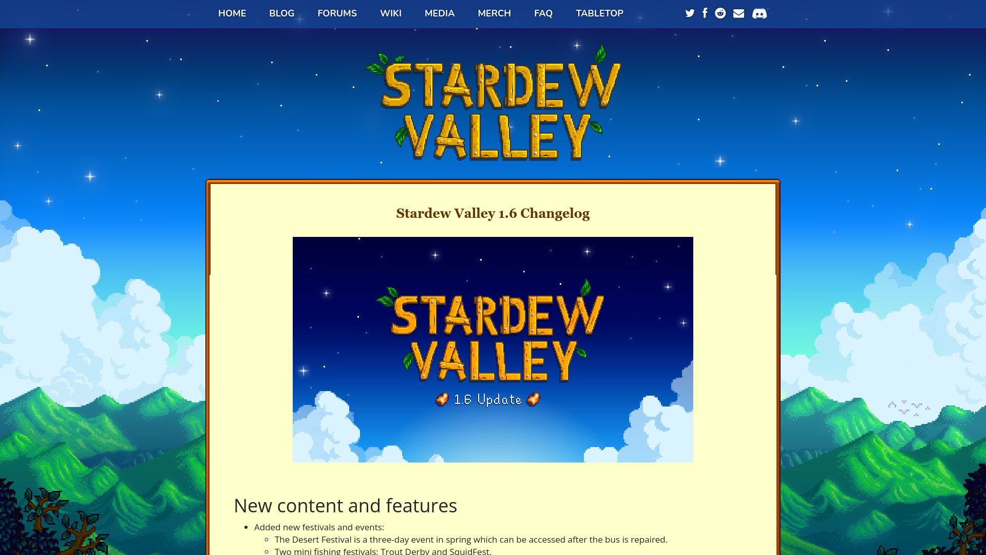 Screenshot of stardewvalley.net: Stardew Valley 1.6 Changelog