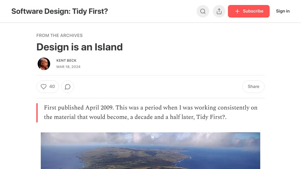 Screenshot of tidyfirst.substack.com: Design Is an Island – By Kent Beck
