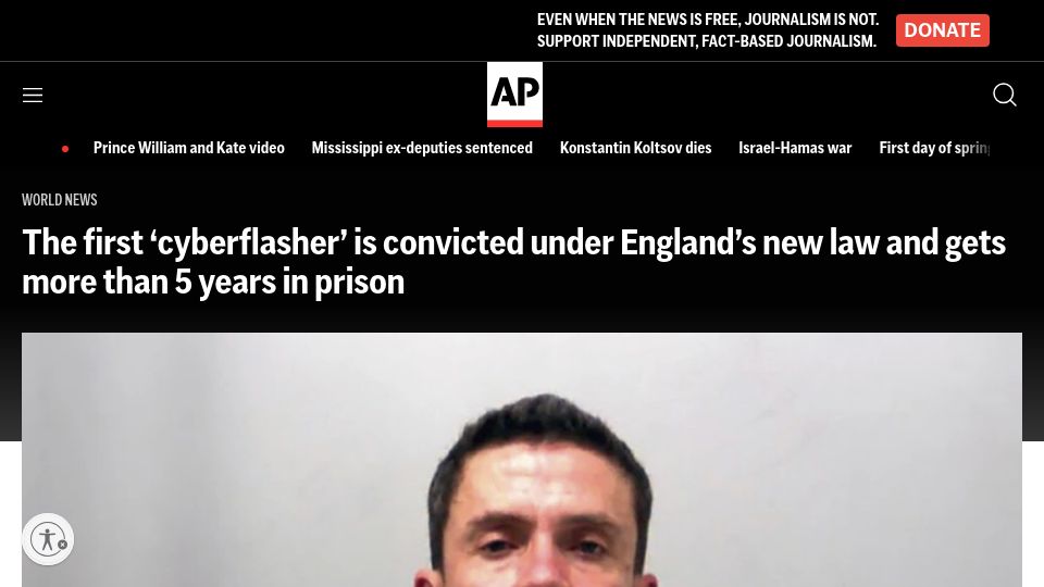 Screenshot of apnews.com: First 'cyberflasher' convicted under UK's new law, gets more than 5 years prison