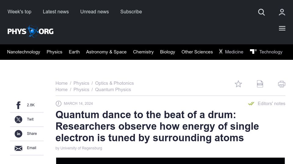 Screenshot of phys.org: Researchers observe how energy of single electron is tuned by surrounding atoms