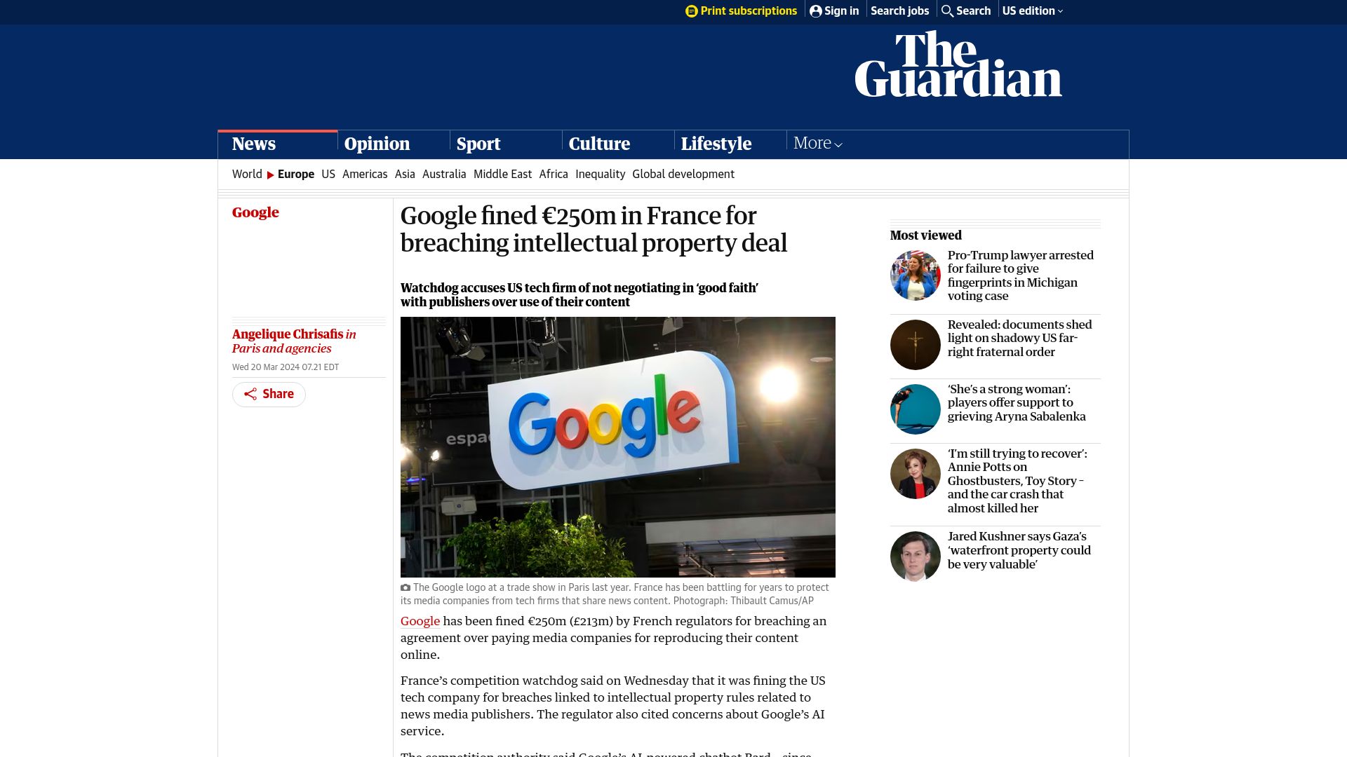 Screenshot of theguardian.com: Google fined €250M in France for breaching intellectual property deal